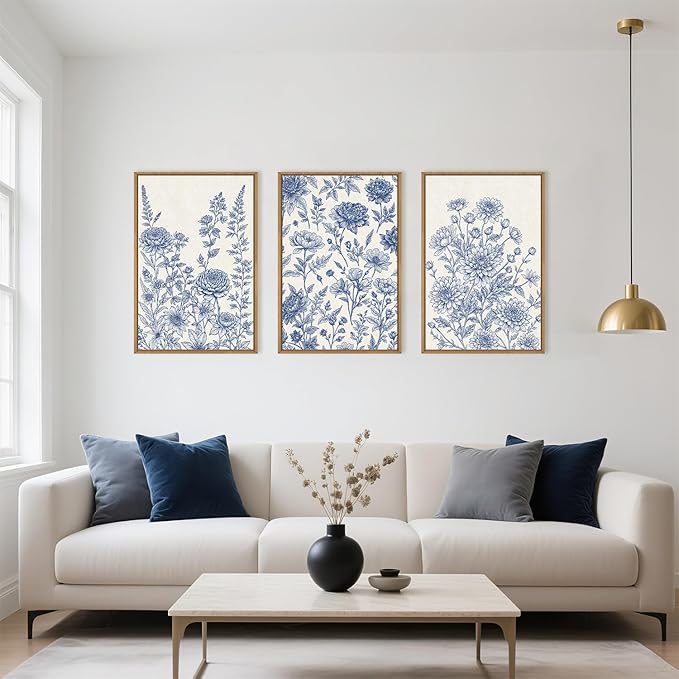 Classic Chinoiserie Floral Framed Canvas Wall Art Set, Blue and White Flower Wall Decor, Navy Watercolor Wall Painting, Minimalist Wildflower Art Print for Living Room, Bedroom - 24"x36"×3
