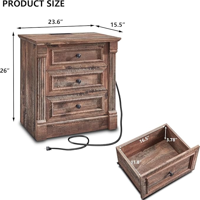 26" Tall Farmhouse Nightstand Set of 2, 3 Drawers End Table w/Charging Station, 23.6" Wide Large Side Table w/Roman Column, Wood Rustic Sofa Table for Bedroom, Light Brown