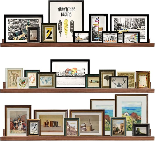 AZSKY 48 Inch Long Floating Shelves Wall Mounted Light Walnut Narrow Photo Picture Ledge Shelves Set of 3 Nursery Book Shelves Photo Frames Display Shelves Kitchen Spice Rack