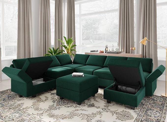 Belffin Modular Sectional Sofa with Storage Seat Oversized U Shaped Couch with Reversible Chaise Velvet Sofa Set with Ottoman Green