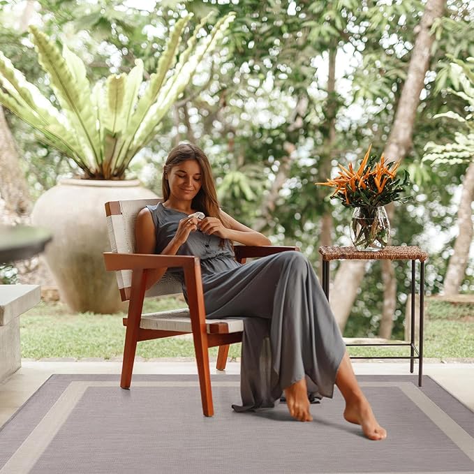 CAMILSON Outdoor Rug 5x7,Modern Outside Rugs for Patios Porches Waterproof Durable Washable Non-Shedding, Easy-to-Clean Indoor Outdoor Area Carpet (5 x 7, Bordered - Gray/White)