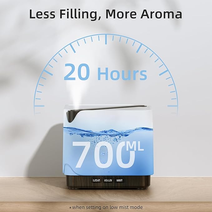 ASAKUKI Essential Oil Diffuser, Multifunctional Ultrasonic Aromatherapy Fragrant Oil Vaporizer Humidifier with Timer, Auto-Off Safety Switch, and 7 LED Light Colors, 700 ml (Brown Wood)