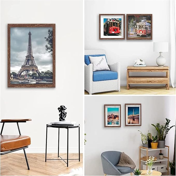 8x10 Picture Frame Set of 6, Display Pictures 5x7 with Mat or 8x10 Without Mat for Wall Mounting, Rustic Brown