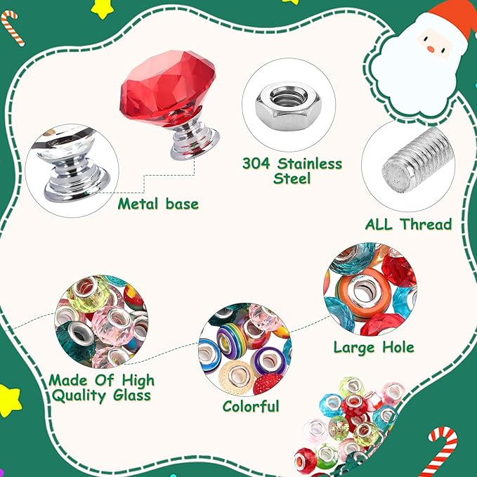 Beaded Garden Stake, DIY Fairy Wand Beaded Decorative Garden Stake Kit with 12IN Threaded Rod Crystal Stopper Top Large Holes Beads Christmas Decoration Pendants Outdoor Fairy Garden kit (110 Pieces)