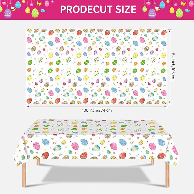 2 Pack Easter Tablecloth - Colorful Easter Eggs Table Cloth, Plastic Disposable Rectangle Spring Easters Egg Table Cover for Easters Tables Decorations and Party Supplies Decor Favors, 108 x 54 Inch