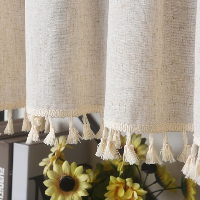 Sutuo Home Boho Sheer Curtain Valance Cotton Linen with Bohemian Handmade Tassels, Short French Farmhouse Window Treatment for Kitchen Cafe, Rod Pocket, 1 Panel 59" W x 18" L, Natural