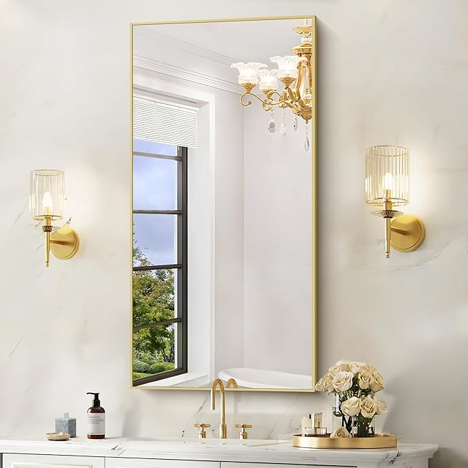 48x24In Gold Bathroom Mirror for Wall, Brushed Gold Rectangle Mirrors with Metal Frame, Bathroom Rectangular Mirror Modern Wall Mirror for Bedroom Living Room, Hangs Horizontal or Vertical
