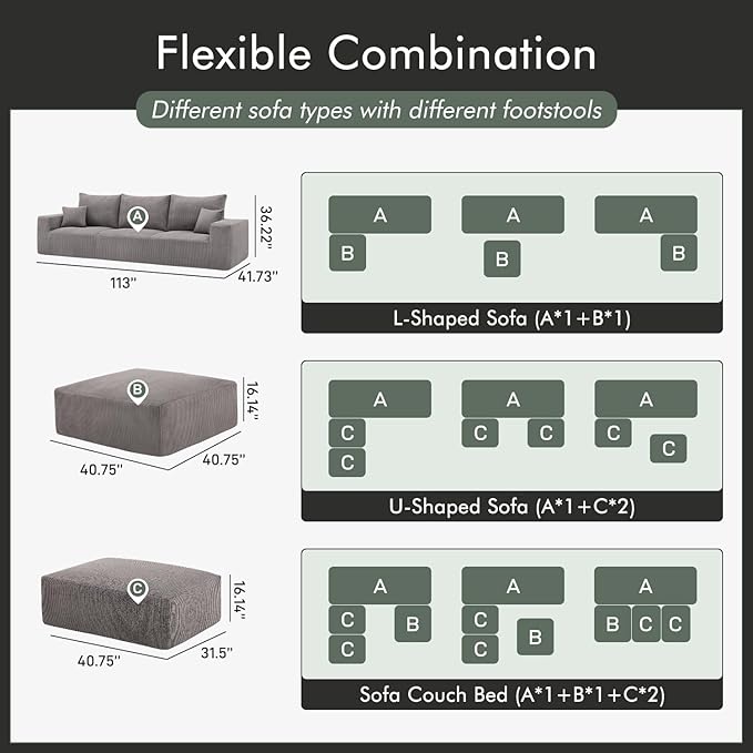 Boneless Sectional Cloud Couch Sofa for Living Room, 112" L-Shaped Modular Modern Lounge Sleeper Grey Couches with Chaise, No Assemble, Cordury Compression Upholstered Sofas