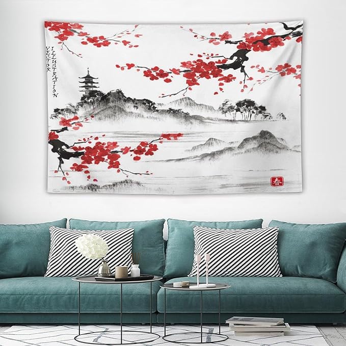 Cherry Blossoms Tapestry, Japanese Fuji Mountain Tapestry, Asian Japanese Wall Tapestry, Nature Landscape Tapestries for Bedroom Living Room Decor 60"x40"