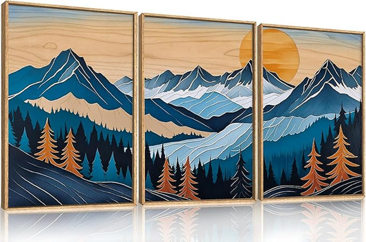 Blue Woodcut Mountain Framed Canvas Wall Art Set, Boho Abstract Ridge Wall Decor, Pine Tree Landscape Wall Painting, Sunrise Forest Art Print for Living Room, Bedroom, Office - 16"X24"X3