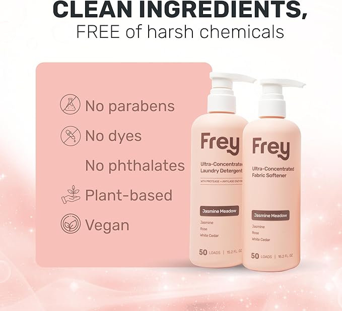 FREY Concentrated Liquid Laundry Detergent | Formulated for Sensitive Skin & HE Washers | Removes Stains Effectively | 50 Loads per Bottle (2-pack Jasmine Meadow)