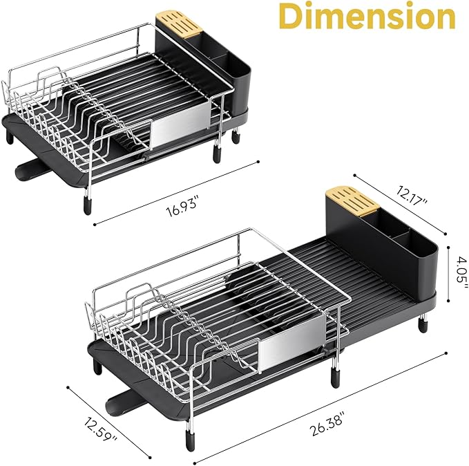 Dish Drying Rack, Expandable Stainless Steel Dish Rack with Drainboard Set Kitchen Sink Organizer for Counter, Large Capacity Kitchen Accessories, Smooth Water Flow
