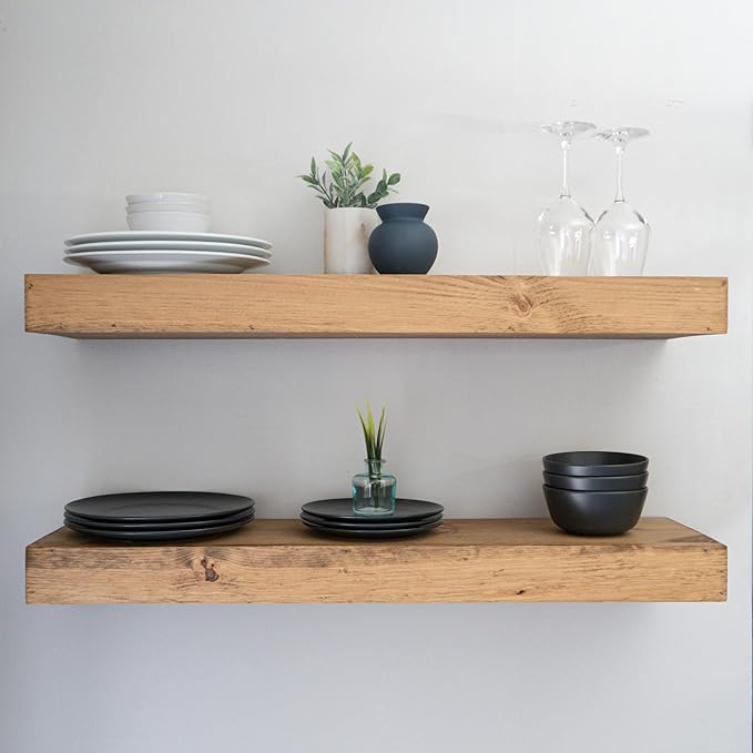 Modern Floating Shelves 3 Inches Thick for Wall, Wide Shelves for Kitchen, Living Room, Bedroom, and Bathroom, Natural Pine Wood, Rustic Wooden Shelf, (Set of 2) (Aged Oak, 36Lx3Hx6D)