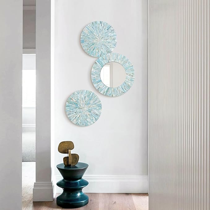 Beach Mirror Wall Decor for Living Room, 3PCS Natural Mother of Pearl Coastal Wall Art Bedroom Bathroom Decoration, Handmade Ocean Round Wall Hanging Sculptures for Home Office Holiday Hotel