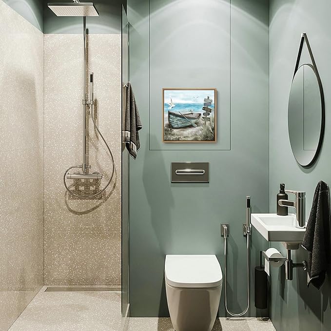 Framed Wall Art Beach Décor Ocean Canvas Picture Coastal Artwork Sea Bird Boat Blue Tan Small Rustic Beachy Canvas Print for Bathroom Bedroom Living Room