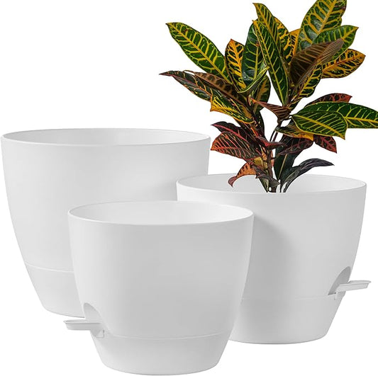 FaithLand 3-Pack Large Planter Pots, 12 10 9 Inch Self Watering Flower Pots for Indoor Outdoor Garden Plants, White