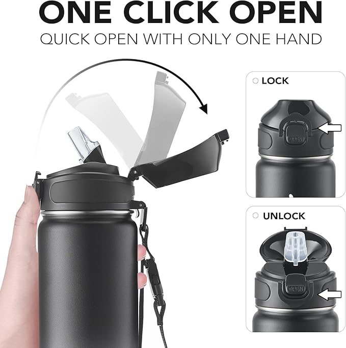 Enerbone 24 oz Insulated Water Bottle, Stainless Steel Bottle with Carrying Strap, Double-Wall Vacuum Insulation Design, Leakproof Sports Bottle with Straw, Keep Drinks Cold or Hot for Hours