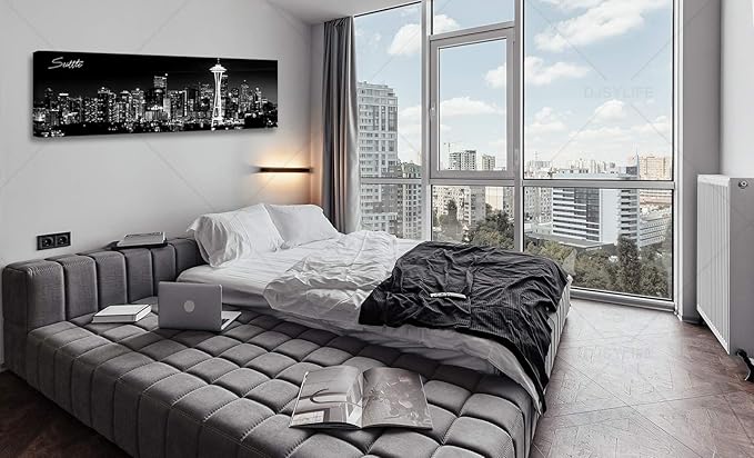 Seattle City Skyline Wall Art Black and White Canvas Prints Panorama Cityscape Picture Night View Painting Poster Modern Artwork Home Decor for Office Living Room - Ready to Hang 13.8" x 47.3"