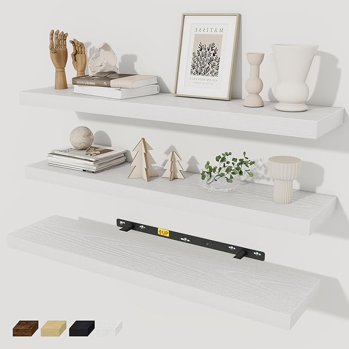 Fun Memories 30 Inch Floating Shelves Set of 3, Farmhouse White Wall Shelves for Kitchen, Living Room, Wall Mounted Bathroom Shelves in Black, 30 x 6.7 x1.4 Inch