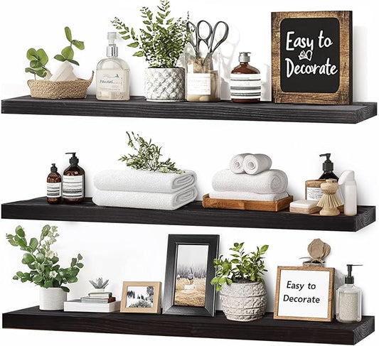Floating Wall Shelves 3-Pack - 24-Inch Rustic Black Wooden Shelves for Storage and Décor, Easy Installation for Living Room, Bedroom, and Kitchen
