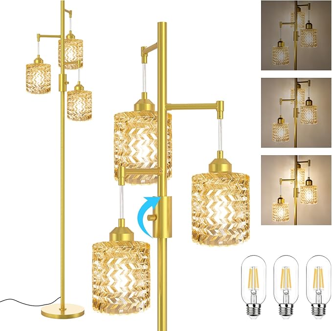 Gold Floor Lamp for Living Room Bedroom, 3-Light Vintage Standing Lamp Stained Glass, Mid Century Modern Tall Floor Lights, Amber Glass Shade with Golden Base