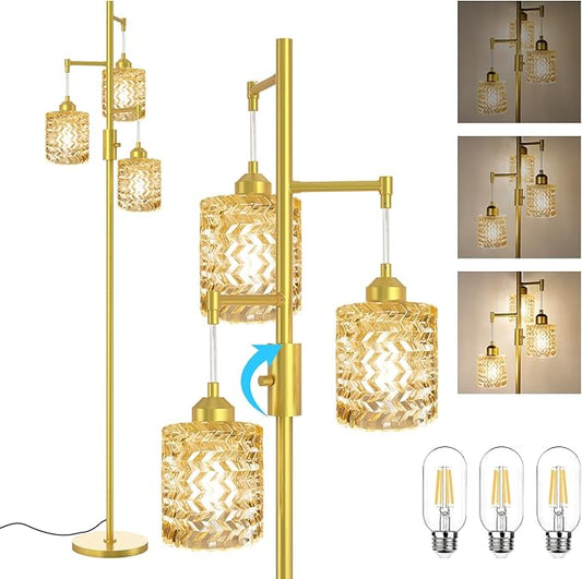 Gold Floor Lamp for Living Room Bedroom, 3-Light Vintage Standing Lamp Stained Glass, Mid Century Modern Tall Floor Lights, Amber Glass Shade with Golden Base