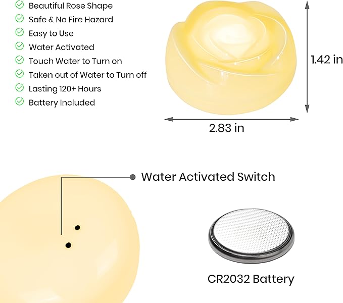 Aignis 12pcs Flameless LED Floating Candles, Ivory Rose Plastic Tealights Battery Operated, 120+ Hours Glow Time, Cozy Light for Romantic Pool/Bathtub/Hot Bath/Wedding Centerpiece Decor(D2.83*H1.42)