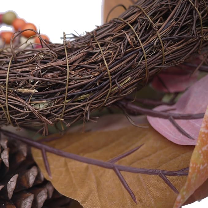 Admired By Nature 24 Inch Artificial Fall Magnolia Leaf Vine Berry Wreath Autumn Leaves For Wall Fornt Door Home Office Farmhouse Thanksgiving Harvest Cemetery Wreaths Indoor Outdoor, Orange-Pinecones