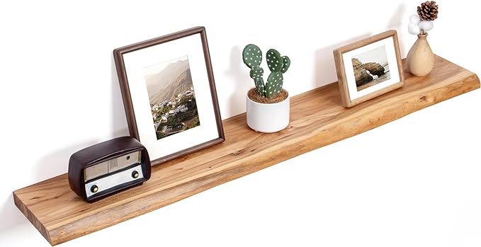 Floating Shelves for Wall Decor, Rustic Solid Elm Wood Live Edge Floating Shelves Wall Mounted, Wall Shelves with Invisible Bracket for Living Room Bathroom Bedroom Kitchen, 48 Inch, Natural