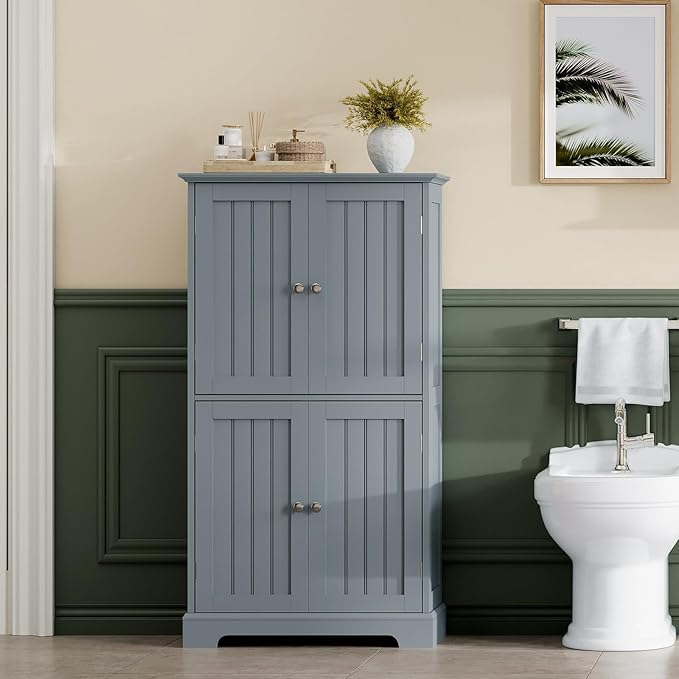 ChooChoo Bathroom Floor Cabinet, Modern Bathroom Storage Cabinet with 4 Doors and Adjustable Shelves, Freestanding Cupboard for Living Room, Grey