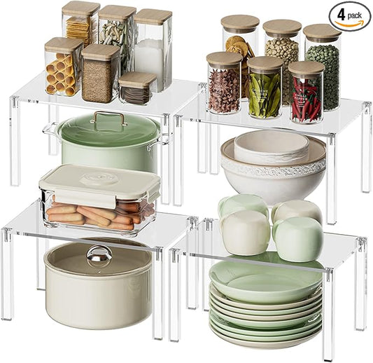 Clear Cabinet Organizer: Acrylic Shelf Riser Set of 4 for Kitchen Pantry Organizers and Storage - Countertop Spice Rack for Cabinet - Stackable Display Shelf Decor for Gift