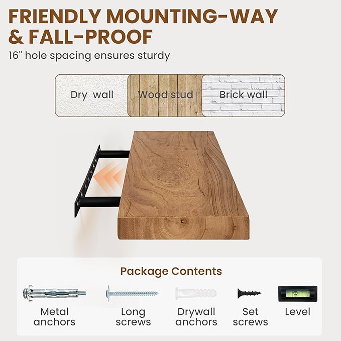 36 Inch Floating Shelves for Wall, Rustic Elm Wood Shelf for Home Decor, Heavy-Duty Wooden Floating Shelves for Kitchen, Wall Mounted Storage Shelves for Bathtoom, Living Room, Natural Color, Set of 2