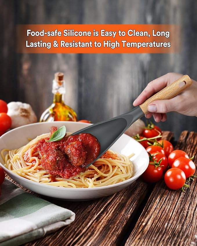 Cooking Spoon for Nonstick Cookwares, Great for Cooking and Serving Sturdy BPA-Free Matte Silicone, Wood Handle Spoon for Mixing, Scoop, and Scrape (2 Pack of Grey, 11.4 inch)