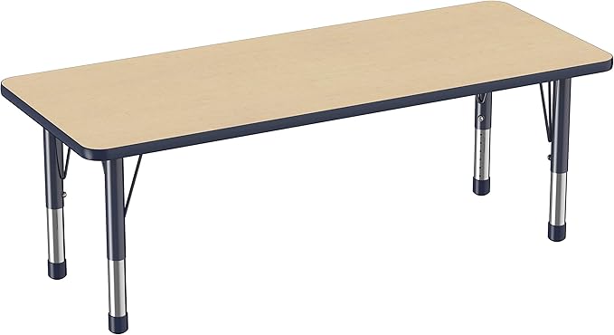 Factory Direct Partners FDP Rectangle Activity School and Classroom Kids Table (24 x 60 inch), Chunky Toddler Legs, Adjustable Height 15-24 inches - Maple Top and Navy Edge