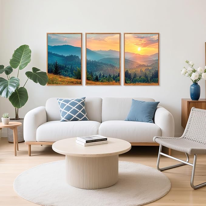 Aurlan Boho Mountain Sunset Landscape Framed Wall Art(16"x24"), 3PCS Green Blue Ridge Grand Teton National Park Canvas Artwork, Abstract Modern Watercolor Nature Forest Scenery Decor for Home Office Bedroom