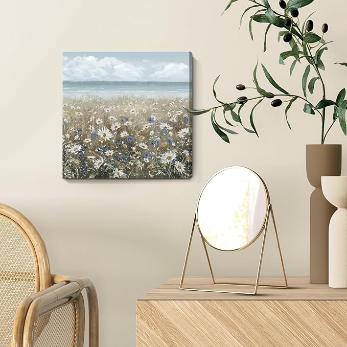 Canvas Wall Art Beach Floral Wall Picture Coastal Boho Farmhouse Daisy Flowers Nautical Sea Ocean Wildflowers Canvas Print Vintage Artwork for Small Rustic Bathroom Bedroom Living Room Office Décor