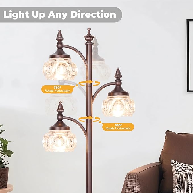 Brown Tree Floor Lamps for Living Room 66.5'' Standing Lamp with 3 Rotatable Lights Glass Shade Modern Lamp for Living Room Bedroom Office(3LED Bulbs Included)