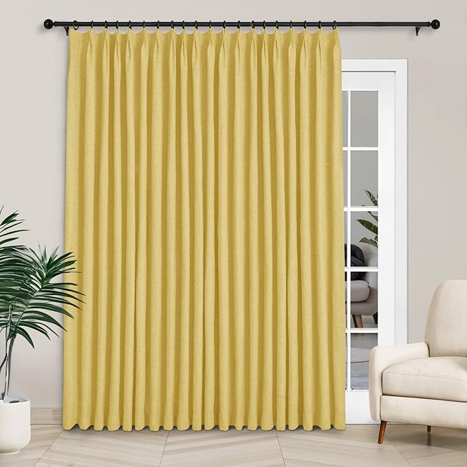 Macochico 100”Wx96”L Pinch Pleated 100% Blackout Linen Curtains Thermal Sliding Curtains for Bedroom Living Room Sliding Glass Door Farmhouse Shabby Chic Yellow Drapery with Tieback 1 Panel