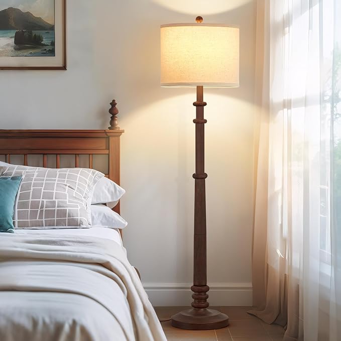 Floor Lamps for Living Room - 60" Resin Farmhouse Floor Lamp with 3 Color Temperatures - Vintage Standing Lamp Reading Light with Linen Shade Tall Lamp for Bedroom Office, Reddish Brown