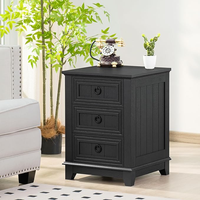 Farmhouse Night Stand Set of 2, 18" End Table with 3 Drawer Metal Handle, Dresser for Bedroom, Sofa Bed Side Table Chest of Drawers,Wood Nightstand Cabinet for Organizer, Living Room-Black