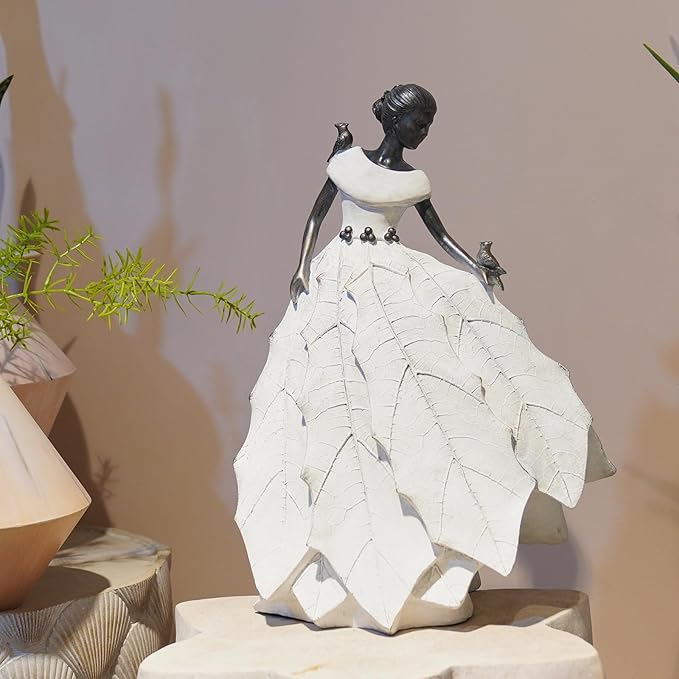 DiliComing Fairy Garden Accessories Outdoor Statue - Table Decor for Living Room Garden Maiden Bookshelf Decor Xmas Resin Holly Leaves Maiden White Statue 10.5 * 6.0 * 14.5 Inch