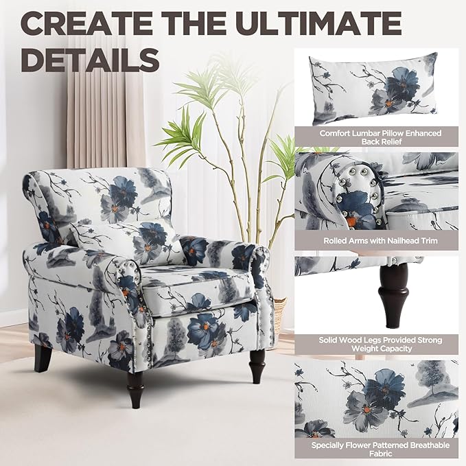 Wingback Accent Chair with Removable Pillow, High Back Floral Armchair with Solid Wood Legs & Nailhead Trim, Comfy Upholstered Reading Single Sofa Chair for Bedroom (2, Ink Blue Pattern)