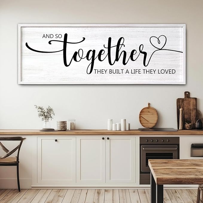 And So Together They Built A Life They Loved Decorative Rustic Sign & Plaque Framed Wall Art for Couples, 40''×15' Wooden Long Wall Decor Above Bed, Vintage Horizontal Farmhouse Wedding Gift