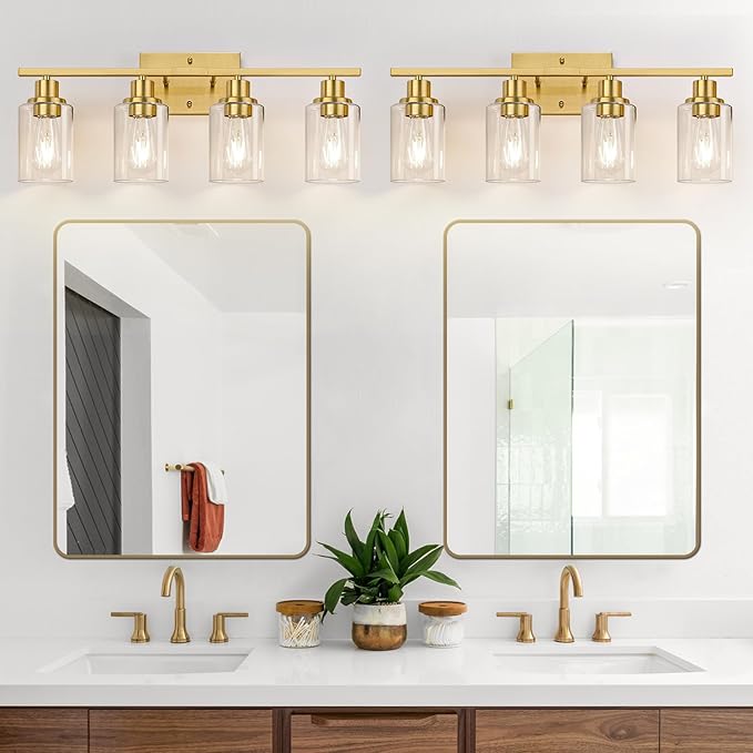 4-Light Vanity Lights with Clear Glass Shades, Brushed Gold Bathroom Light Fixtures Over Mirror, Modern Bathroom Wall Lamp for Mirror Living Room Cabinet Bedroom Porch