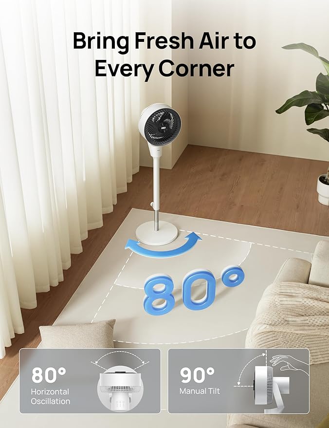 Dreo Fan for Bedroom, 80° Oscillating Standing Fan, 25dB Quiet, 80ft Pedestal Fans for Home Office, 90° Manual Vertical, 3 Speeds, Remote, 34-41" Adjustable Height, Air Circulator