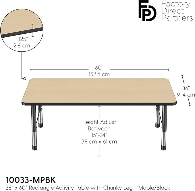 Factory Direct Partners FDP Rectangle Activity School and Classroom Kids Table (36 x 60 inch), Toddler Leg, Adjustable Height 15-24 inches - Maple Top and Black Edge