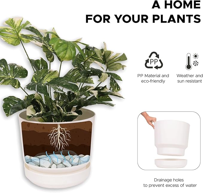 Elly Décor 12 inch Plastic Cylinder Planter Pot with Self-Watering Saucer and Drainage Hole,Lightweight & Extremely Durable, 12"x 12", White