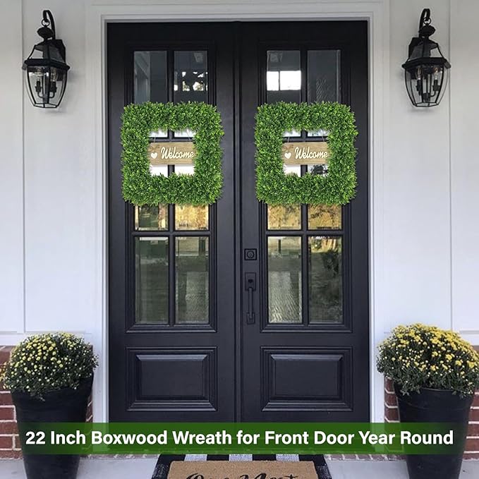Artgar 22Inch Boxwood Wreath, Spring Wreaths for Front Door, Realistic Green Square Boxwood Wreath for Year-Round Decor, Artificial Summer Wreaths for Wedding Farmhouse Indoor/Outdoor Porch Decor