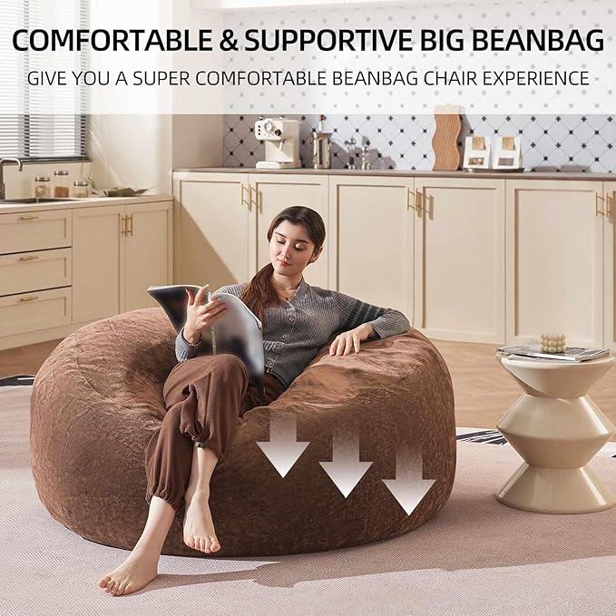 Bean Bag Chair 4Ft, Memory Foam Filled, Large Beanbag Chairs for Adults and Teens, Soft Sofa with Removable Flannel Cover, Round Couch for Living Room Bedroom College Dorm (Coffee, 4FT-47×47"×24")
