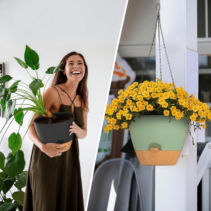ZMTECH 12 Inch Hanging Planters for Indoor Outdoor Plants, 1 Pack Self Watering Hanging Plant Pots with Drainage Holes and Removable Saucer, Plastic Flower Hanging Pots with Watering Lip (Green)